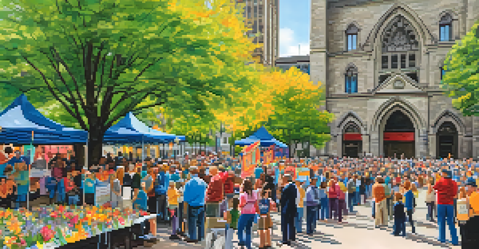 A lively community event taking place outside the Allegheny County Courthouse, with people gathered and colorful decorations.
