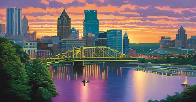 A sunset view of The Point in Pittsburgh, with rivers converging and a fountain surrounded by greenery.