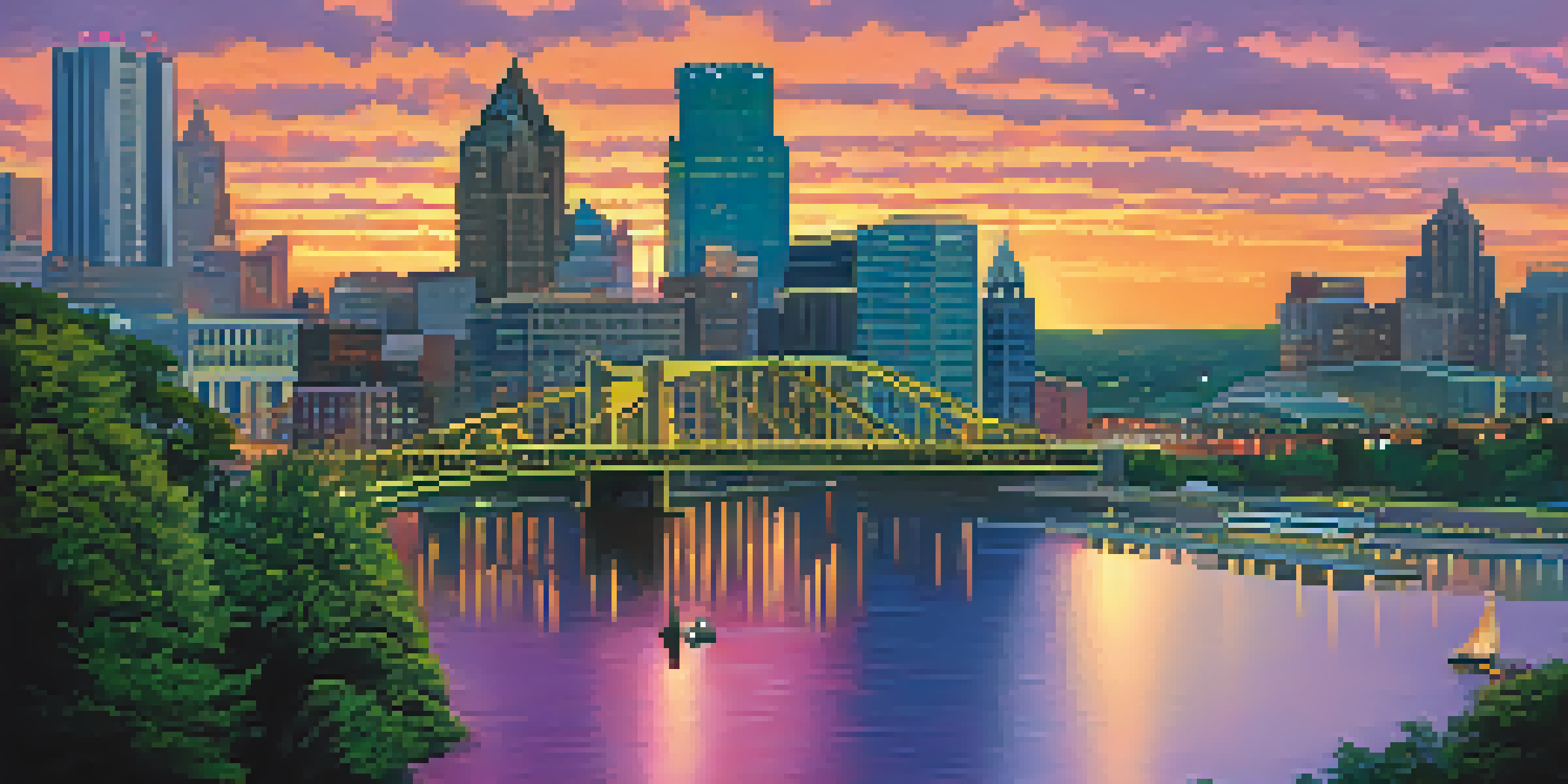A sunset view of The Point in Pittsburgh, with rivers converging and a fountain surrounded by greenery.