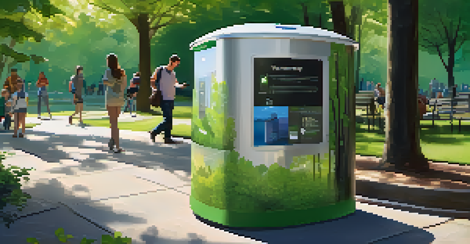 A smart waste bin in a Pittsburgh park, surrounded by greenery, showcasing digital displays and sensors.