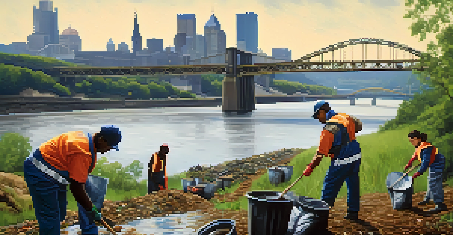 Volunteers participating in a community clean-up along a river in Pittsburgh, with steel factories in the background.