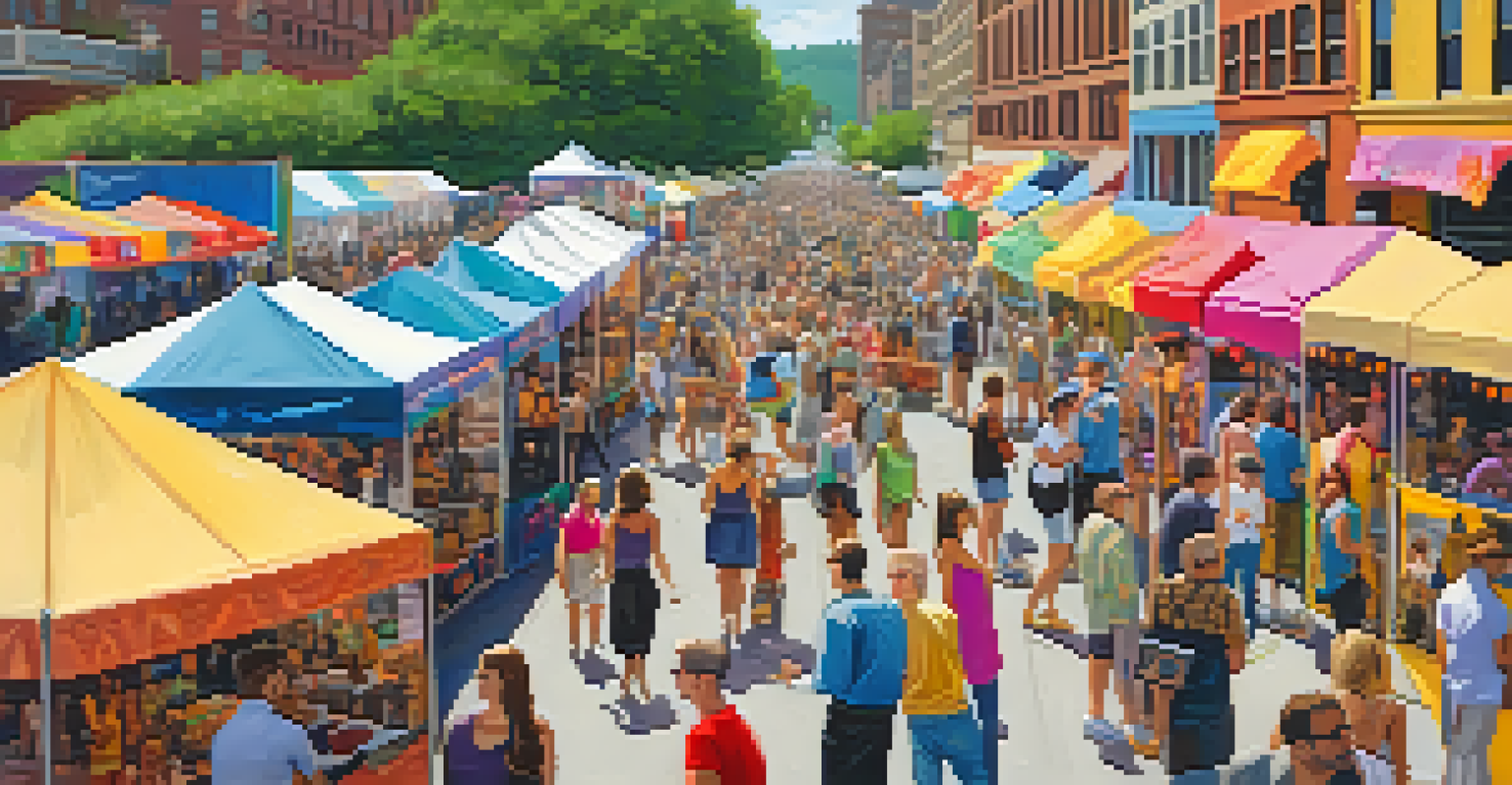 An outdoor art festival with various booths showcasing artists' work, surrounded by a diverse crowd enjoying live demonstrations.