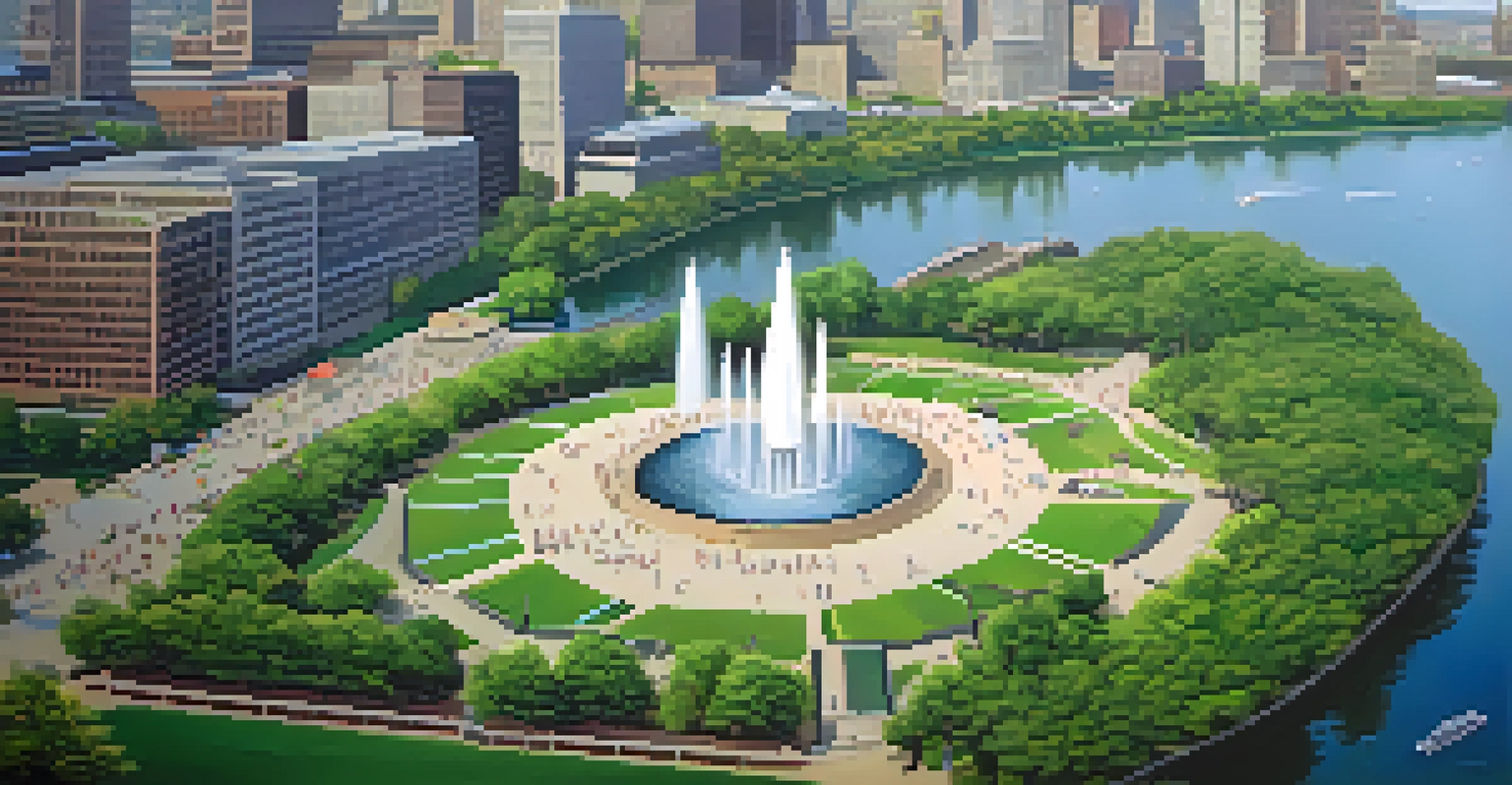 Aerial view of Point State Park with the fountain and three rivers converging, surrounded by greenery and visitors.