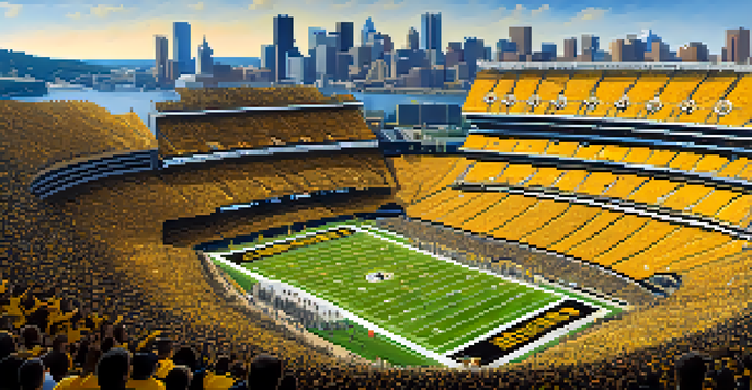 Pittsburgh sports fans in black and gold jerseys waving Terrible Towels at Heinz Field with the city skyline in the background.