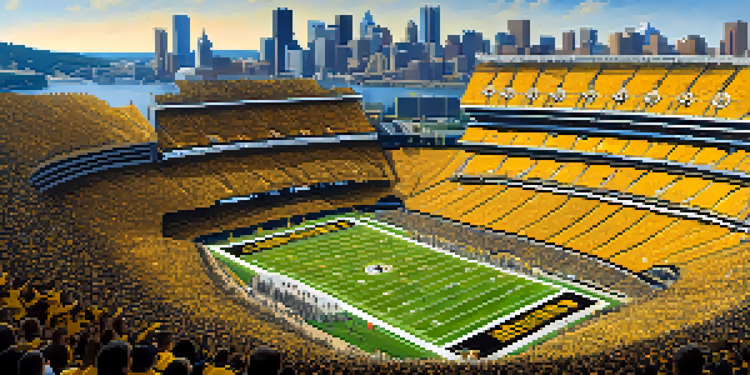 Pittsburgh sports fans in black and gold jerseys waving Terrible Towels at Heinz Field with the city skyline in the background.