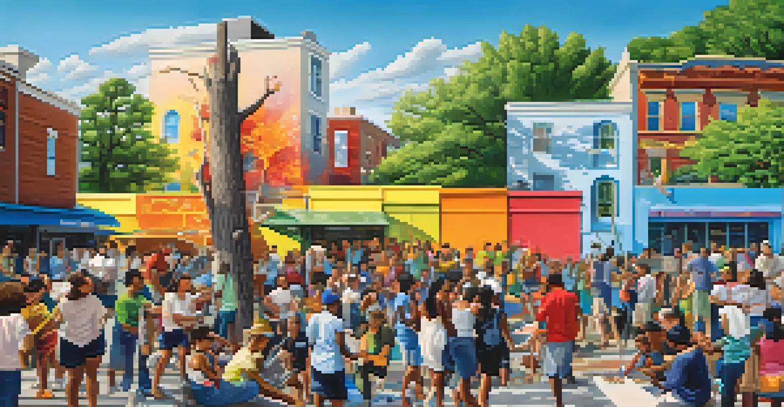 Residents collaborating on a large mural in an open-air space, with vibrant colors and city buildings in the background.