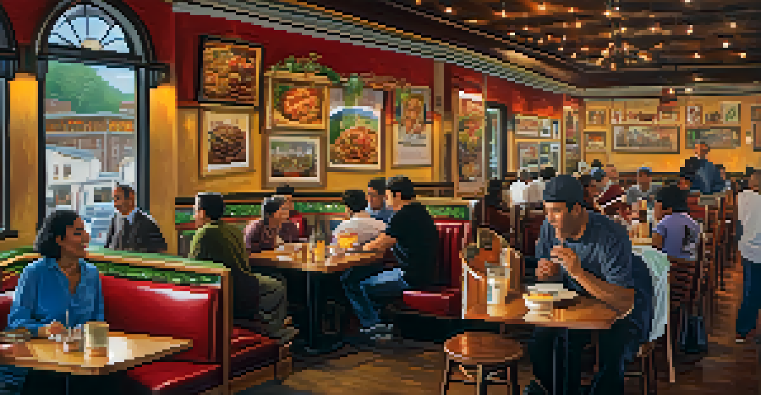 An inviting immigrant-owned restaurant in Pittsburgh, with customers enjoying diverse dishes and colorful cultural artwork on the walls.