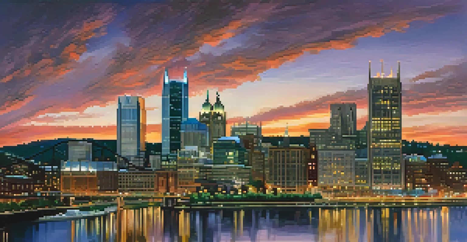A stunning view of Downtown Pittsburgh's skyline at dusk, featuring modern skyscrapers and the reflective glass of PPG Place.
