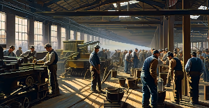 A group of steelworkers in late 19th century Pittsburgh working in a factory, with sunlight streaming through dusty windows.