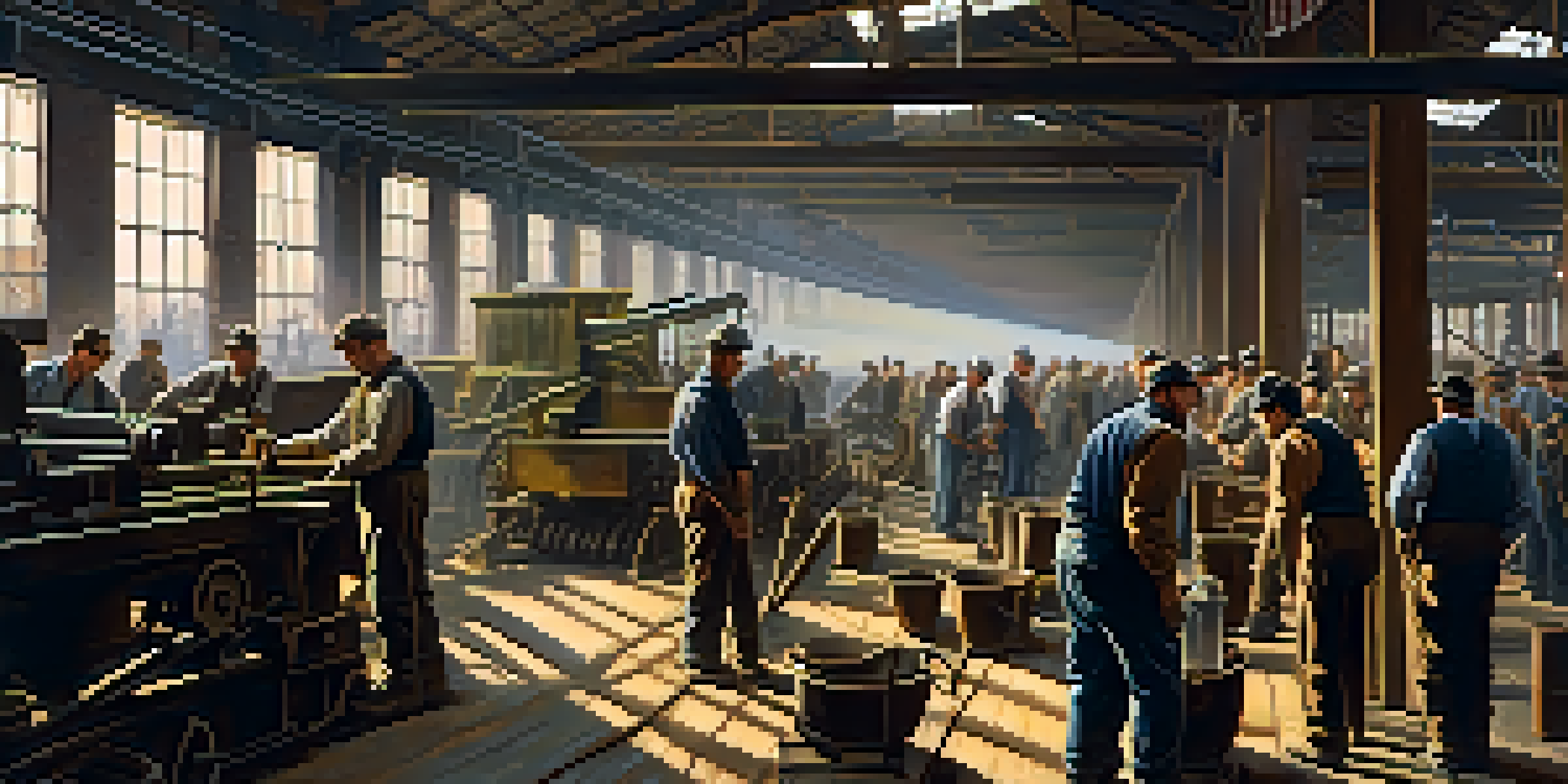 A group of steelworkers in late 19th century Pittsburgh working in a factory, with sunlight streaming through dusty windows.