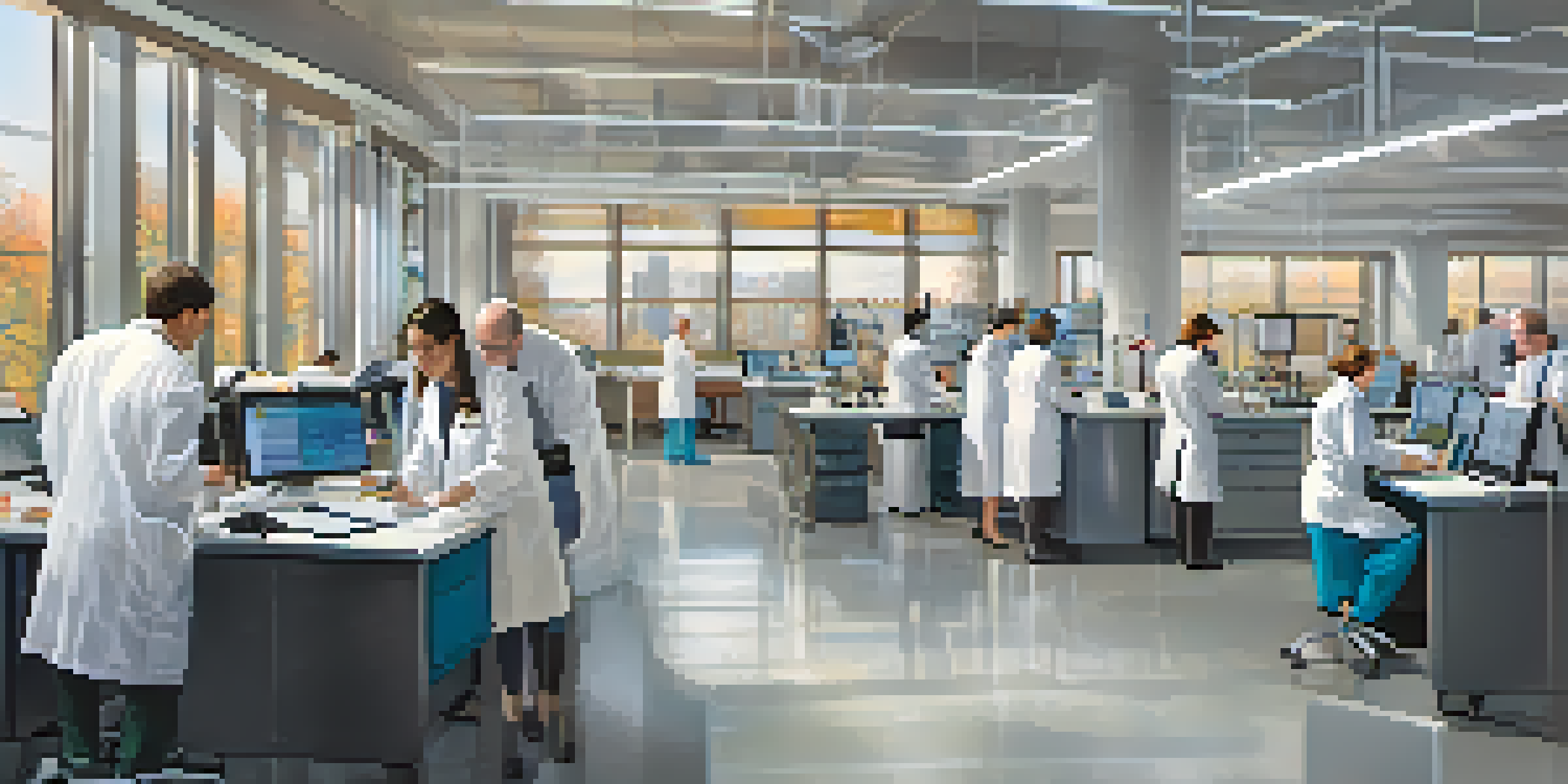 A diverse group of scientists collaborating in a bright laboratory filled with advanced research equipment and colorful materials.