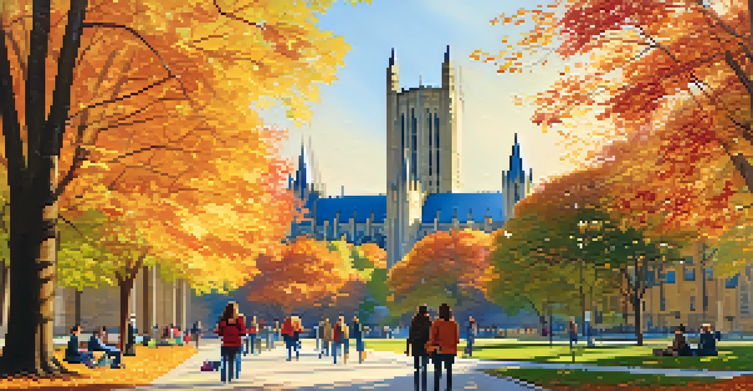 The University of Pittsburgh campus in autumn, showcasing colorful foliage and the Cathedral of Learning with students walking and studying.