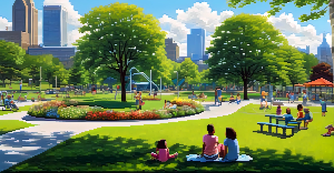 A sunny urban park in Pittsburgh with green grass, flowers, children playing, and adults relaxing, against a backdrop of the city skyline.