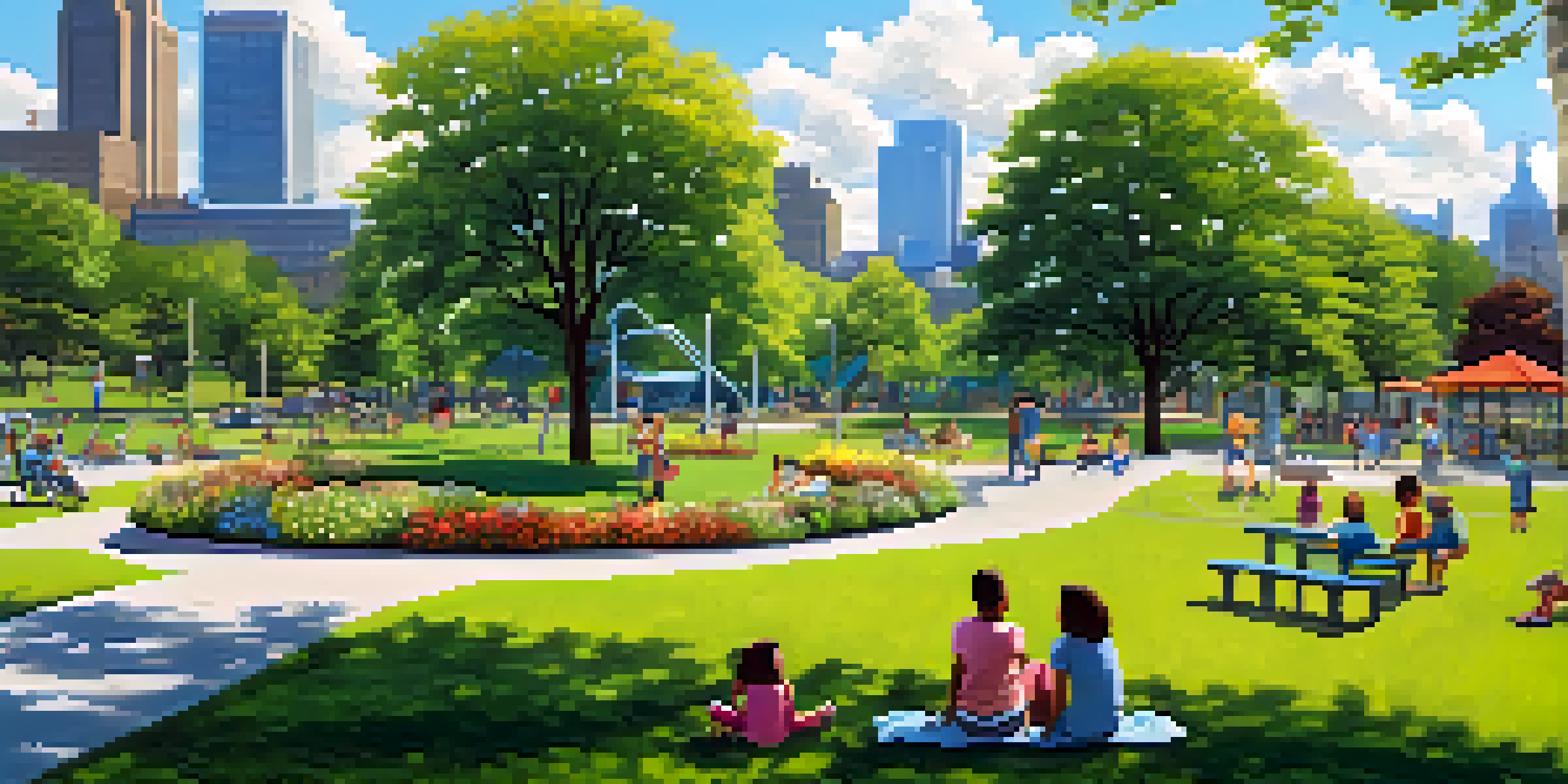A sunny urban park in Pittsburgh with green grass, flowers, children playing, and adults relaxing, against a backdrop of the city skyline.