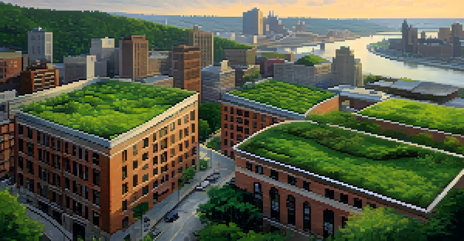 An aerial view of Pittsburgh showing green roofs and rain gardens integrated into the city skyline.