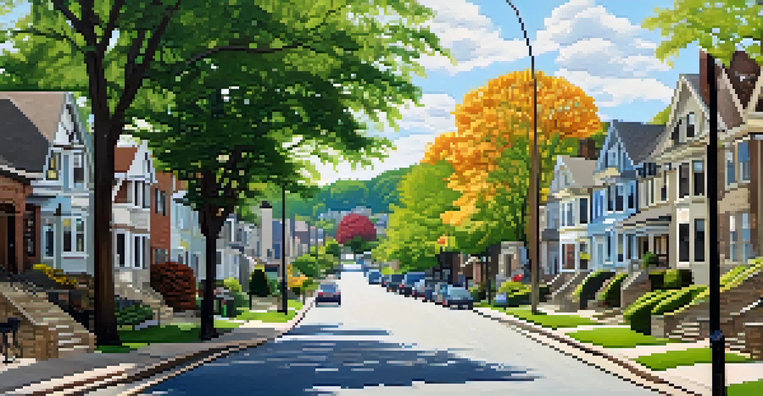 A charming street in Squirrel Hill, Pittsburgh, featuring Tudor-style homes and modern buildings amidst lush trees and colorful gardens.