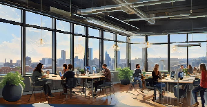 A vibrant co-working space in Pittsburgh with entrepreneurs working together, showcasing a modern interior and city skyline views.
