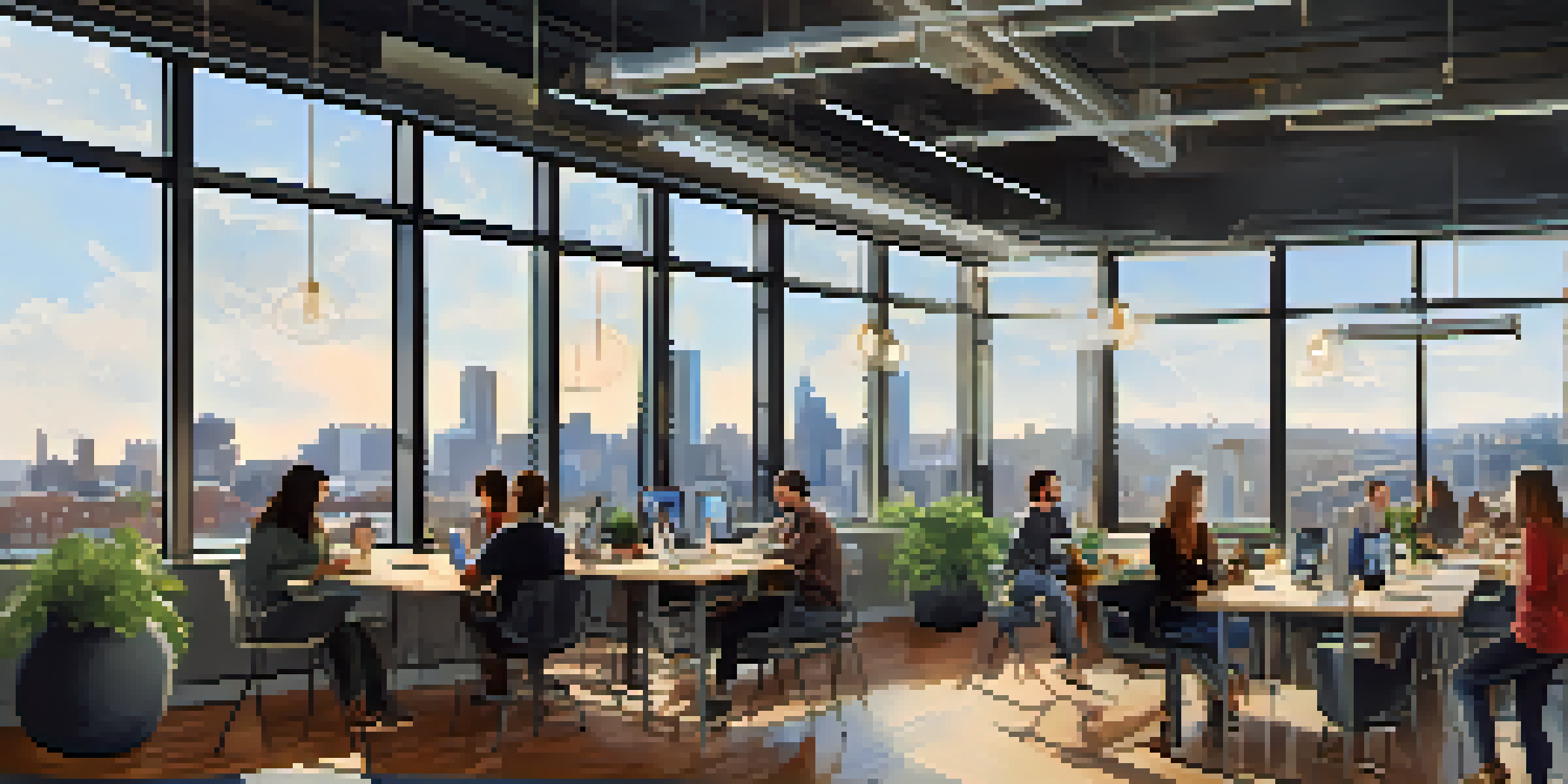 A vibrant co-working space in Pittsburgh with entrepreneurs working together, showcasing a modern interior and city skyline views.