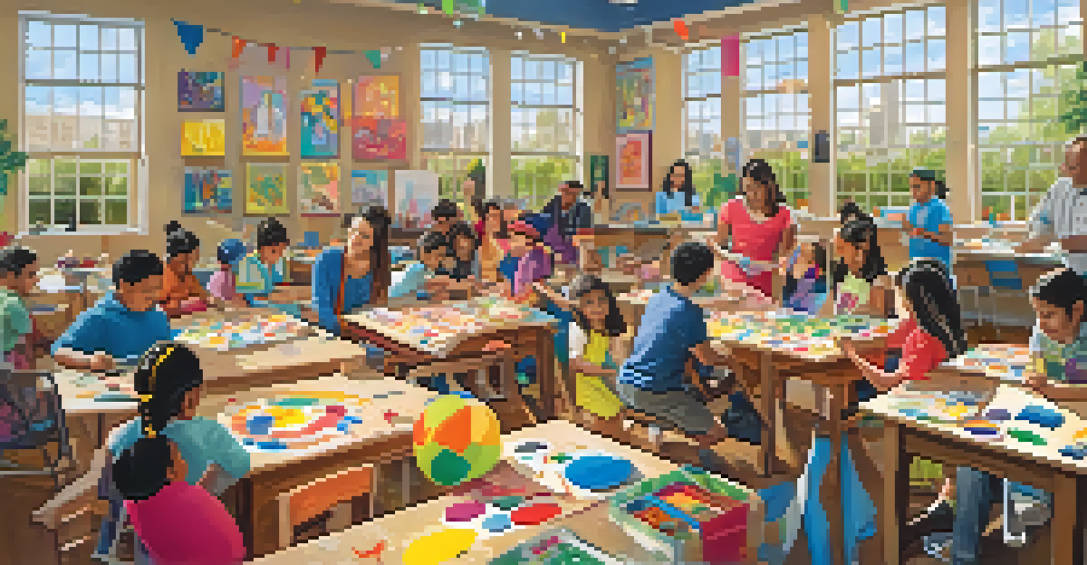 Families and children participating in a community workshop, surrounded by colorful decorations and sunlight, engaged in creative activities.