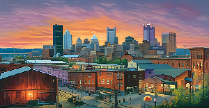 A panoramic view of Pittsburgh's skyline during sunset, highlighting the contrast between historic industrial structures and modern buildings, with colorful skies and a lively park.
