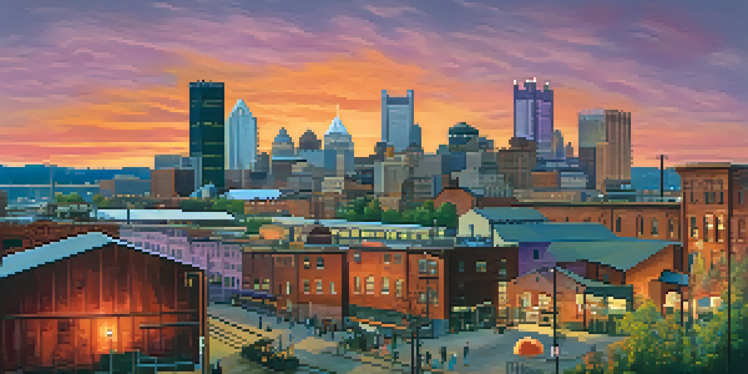 A panoramic view of Pittsburgh's skyline during sunset, highlighting the contrast between historic industrial structures and modern buildings, with colorful skies and a lively park.