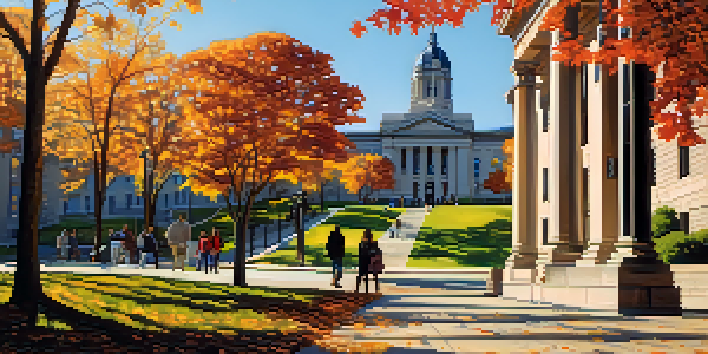 A vibrant autumn scene at Carnegie Mellon University, with students walking amidst colorful trees and a mix of modern and historic buildings.