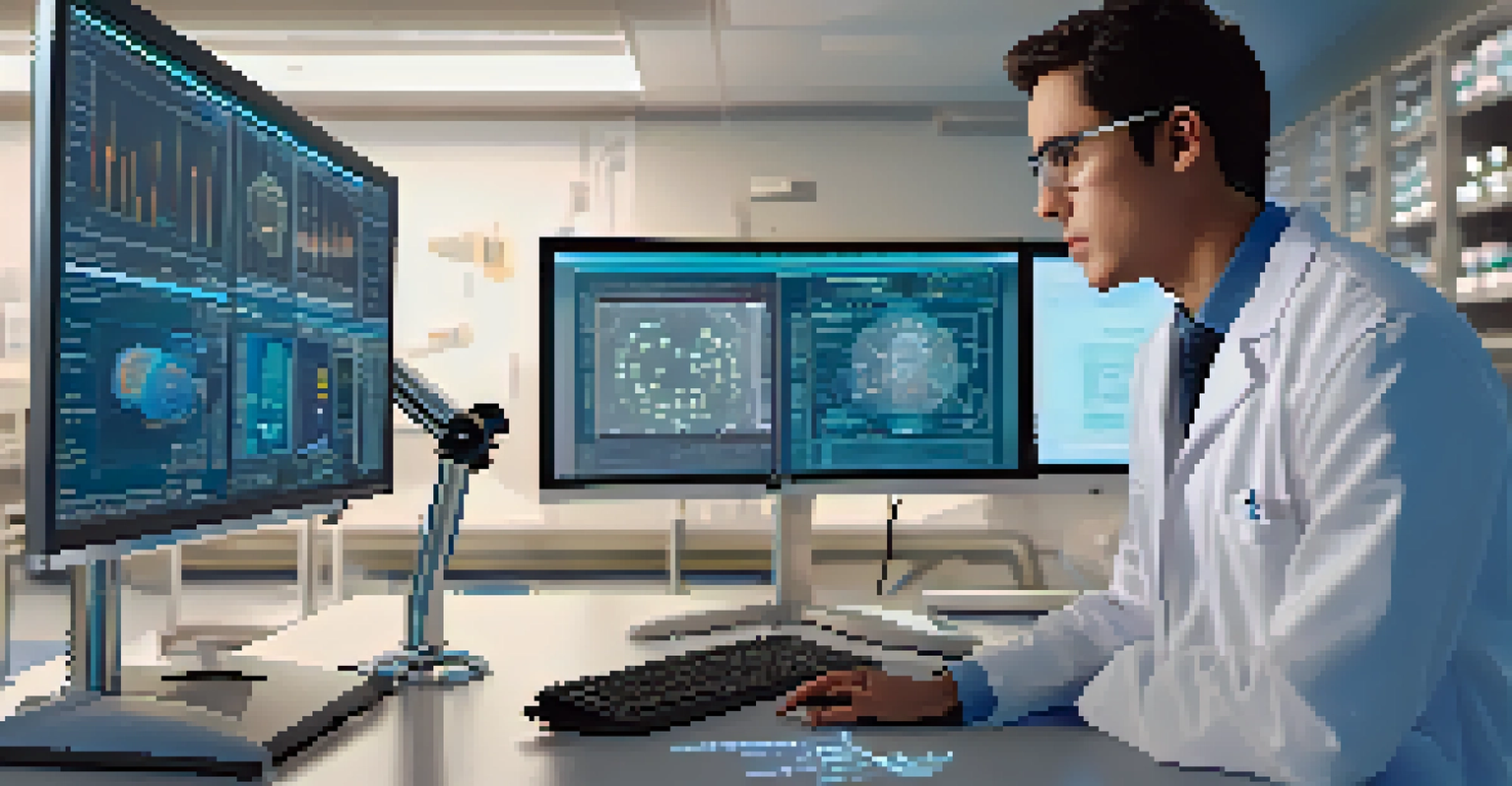 An engineer in a lab coat analyzing data on a computer, with a 3D model of a biomedical device on the screen in a bright laboratory.