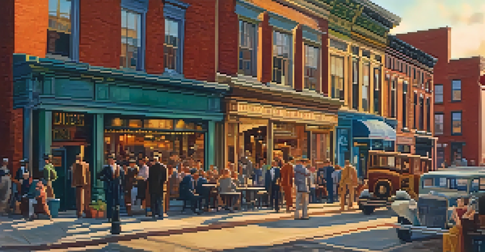 A historic street scene in Pittsburgh's Hill District featuring jazz musicians and colorful storefronts from the early 20th century.
