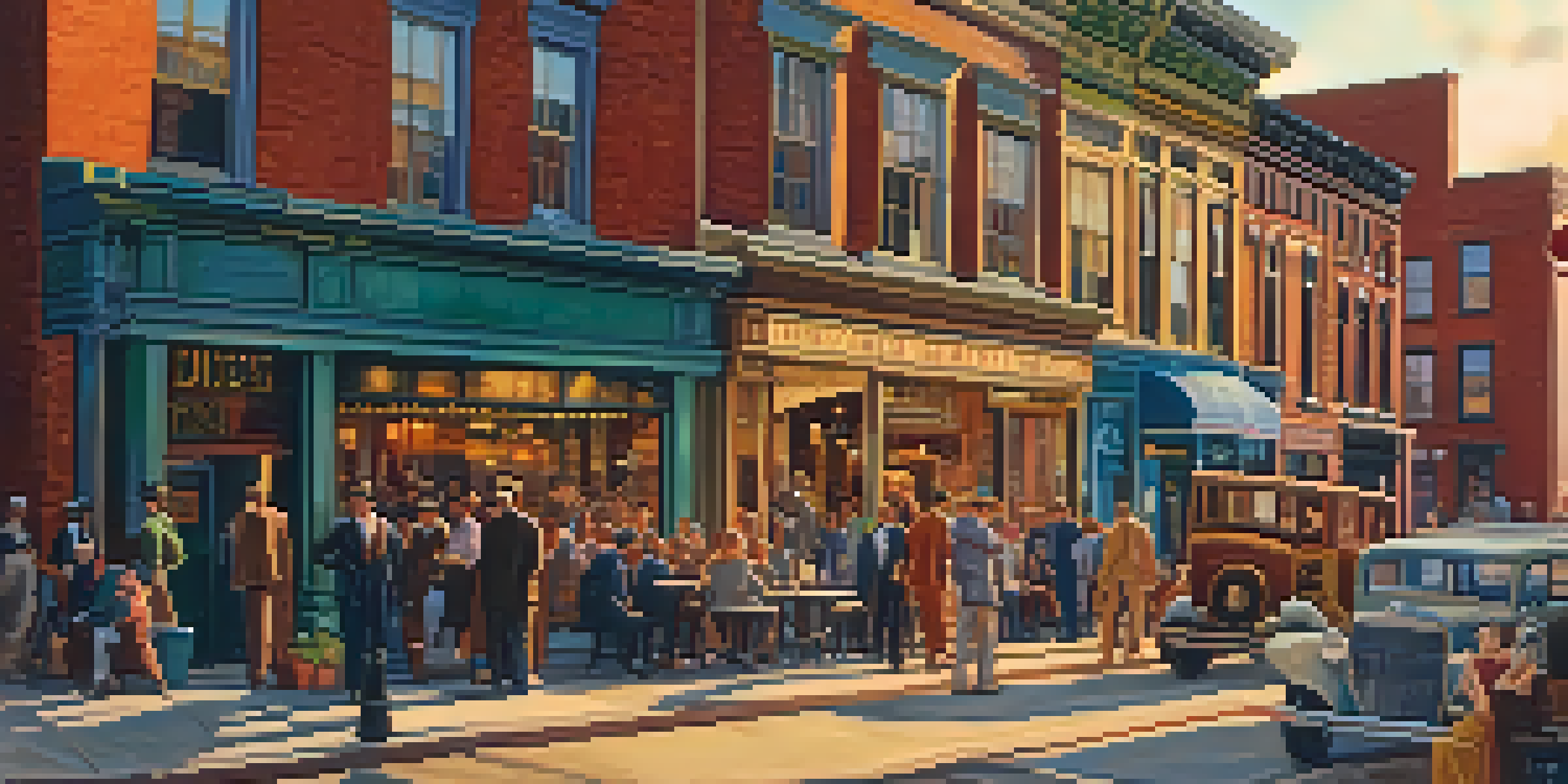 A historic street scene in Pittsburgh's Hill District featuring jazz musicians and colorful storefronts from the early 20th century.