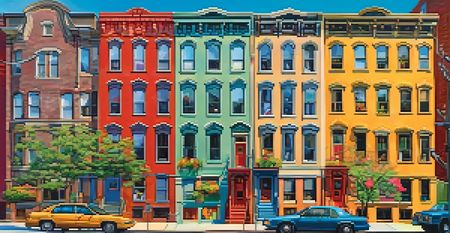 A bustling Pittsburgh street with colorful row houses and community activities, highlighting the city's immigrant heritage and vibrant murals.