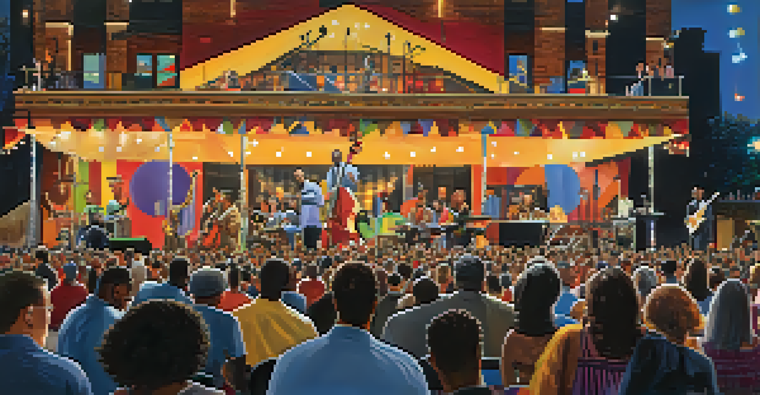 Musicians performing at the Pittsburgh International Jazz Festival with a diverse audience enjoying the vibrant atmosphere and colorful lights.
