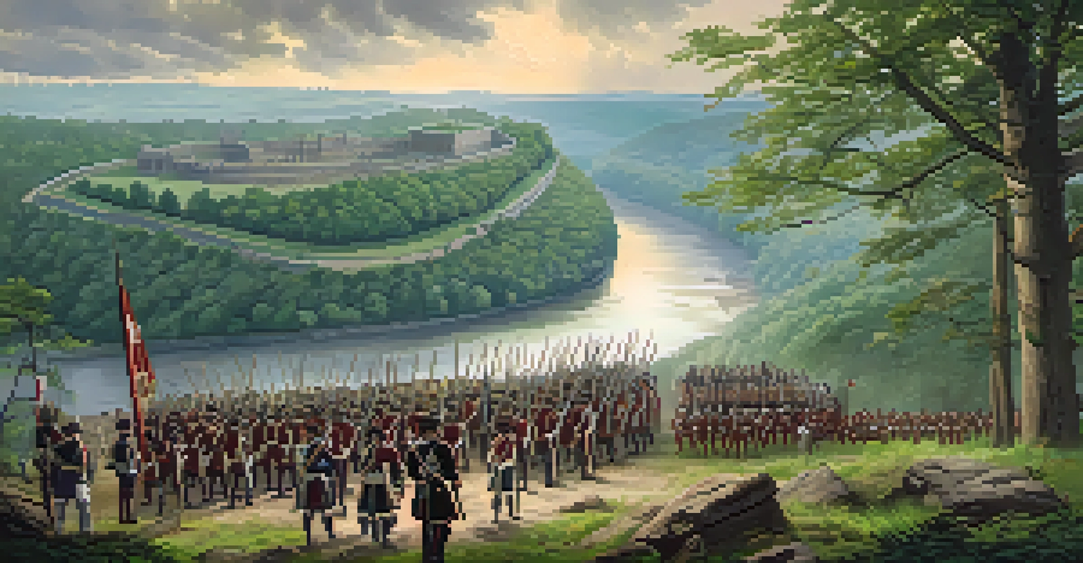 Historical illustration of Fort Duquesne and Fort Pitt at The Point, with soldiers and rivers.
