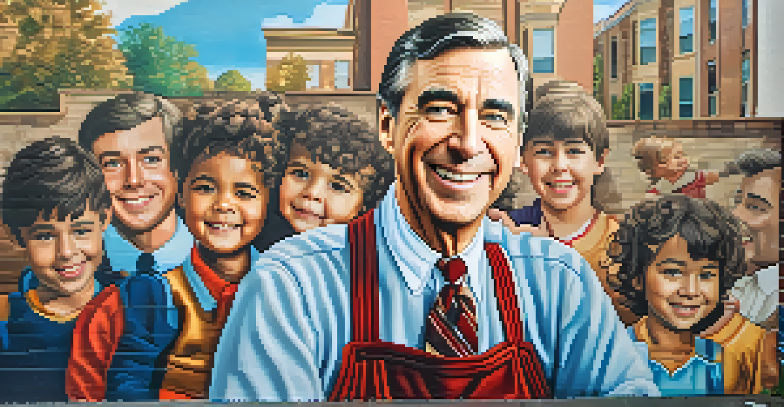 A close-up of the 'Tribute to Mr. Rogers' mural, featuring Mr. Rogers with children, painted in warm colors, capturing a sense of nostalgia.