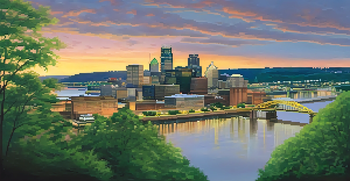 A view of the Fort Pitt Museum with green trees and the Pittsburgh skyline in the background during sunset.