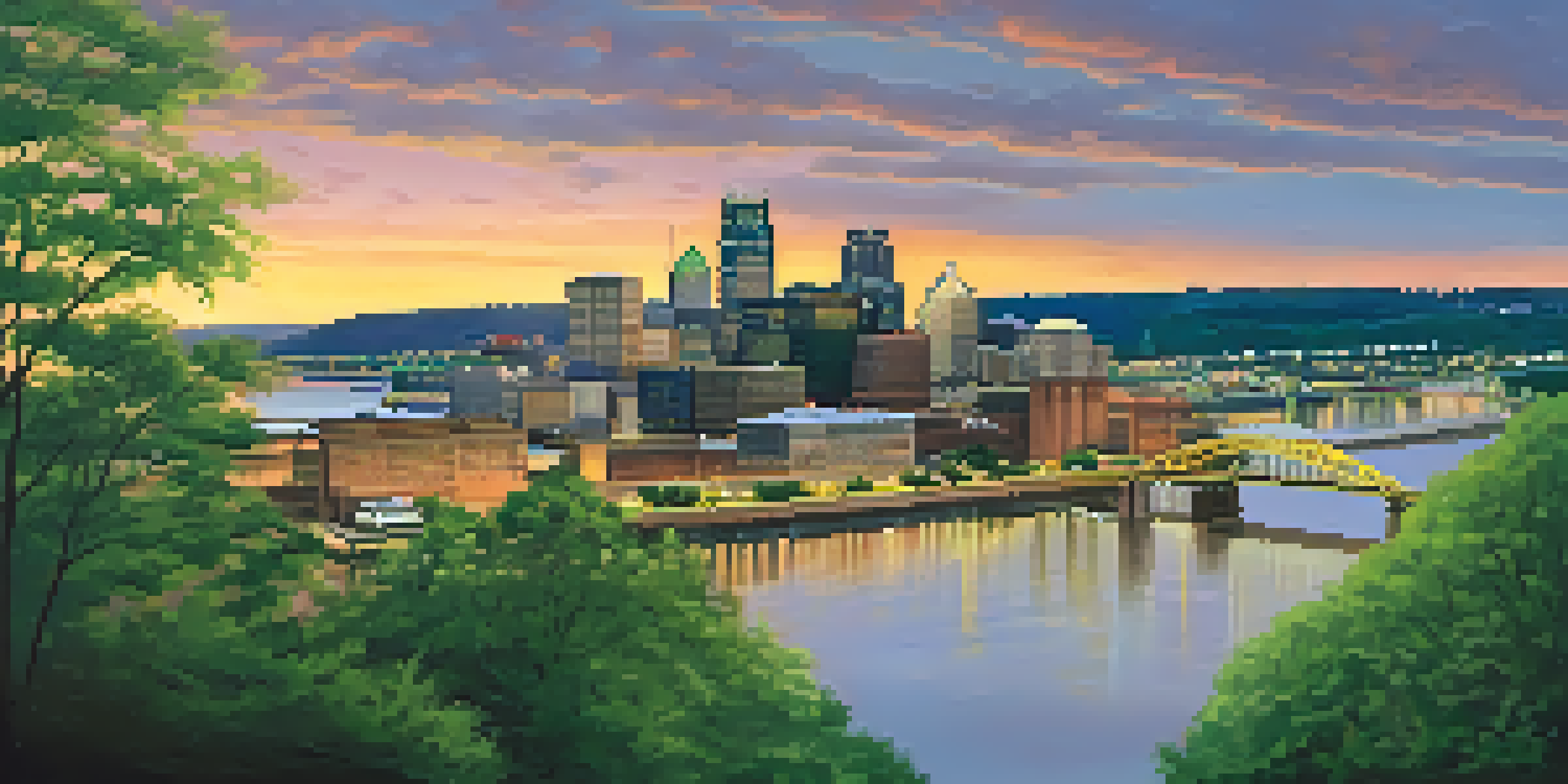 A view of the Fort Pitt Museum with green trees and the Pittsburgh skyline in the background during sunset.