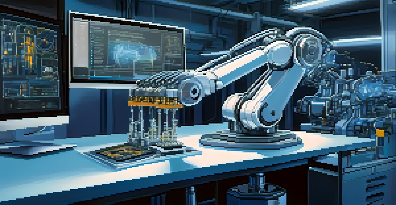 A close-up of a robotic arm in a high-tech startup in Pittsburgh, surrounded by advanced machinery and data screens.