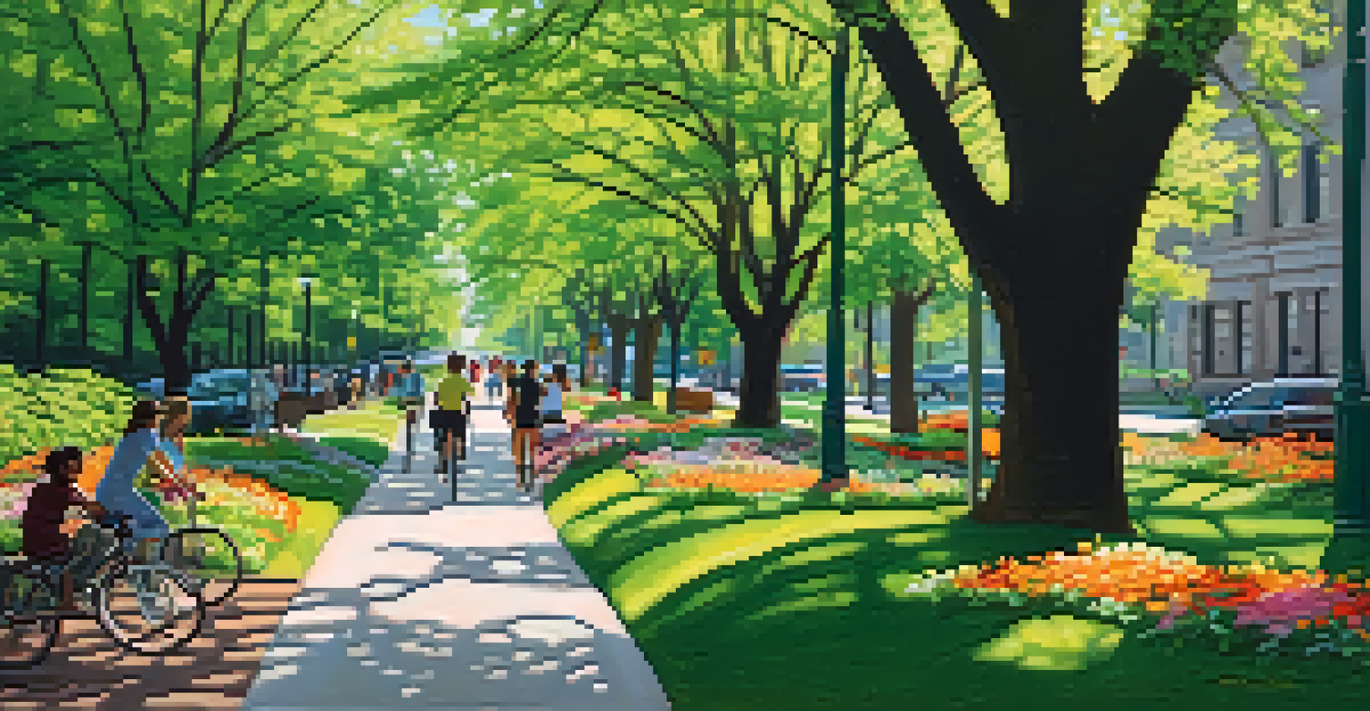 A green corridor in Pittsburgh with trees and flowers, filled with people walking and cycling, under dappled sunlight.