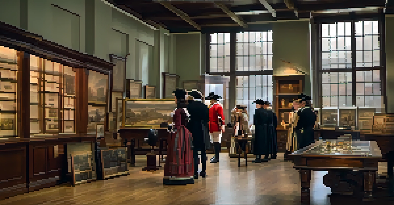 Inside Fort Pitt's museum with artifacts on display and visitors listening to a guide in historical costume.