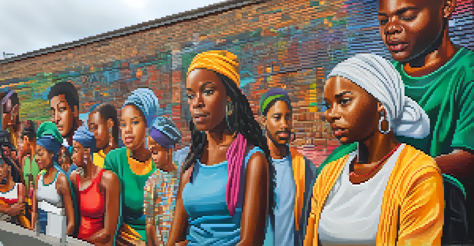 A close-up of a collaborative mural in Pittsburgh reflecting African American culture, with community members participating in the creation.