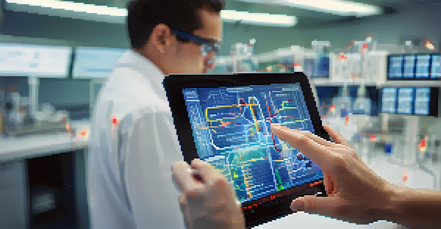Close-up of a researcher holding a digital tablet displaying a colorful neural circuit diagram in a high-tech lab.