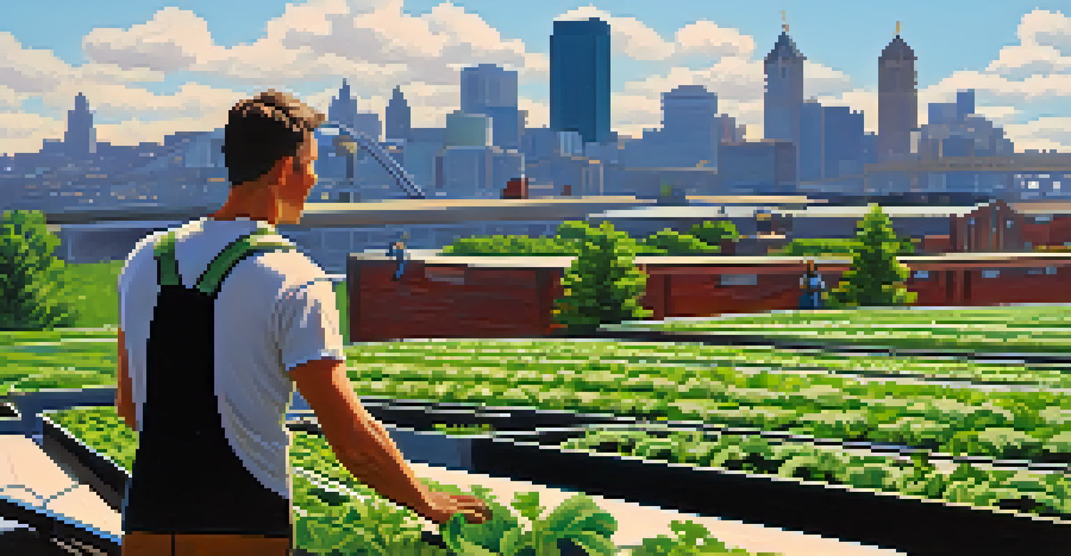 A rooftop farm in Pittsburgh with hydroponic systems growing leafy greens, a farmer inspecting plants, and a city skyline in the background.