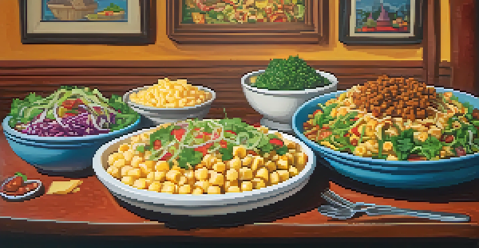 A table filled with various vegan dishes, including salads, tacos, and mac and cheese in a cozy restaurant setting.