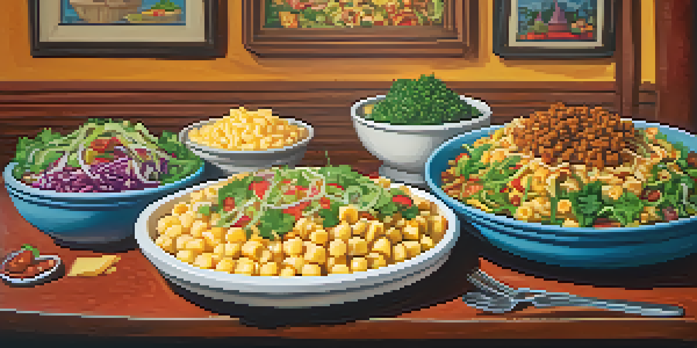 A table filled with various vegan dishes, including salads, tacos, and mac and cheese in a cozy restaurant setting.