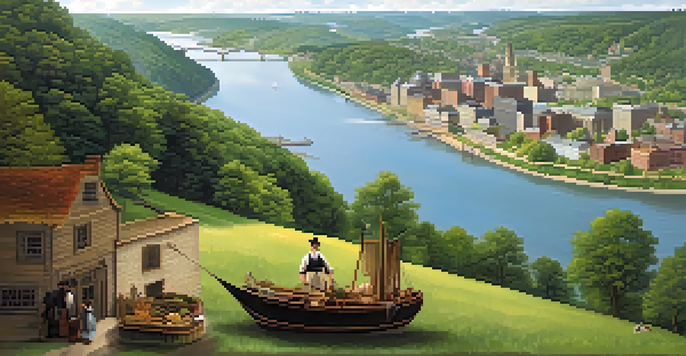 A wide view of early 19th century Pittsburgh with rivers, greenery, and a small town featuring traders and farmers.