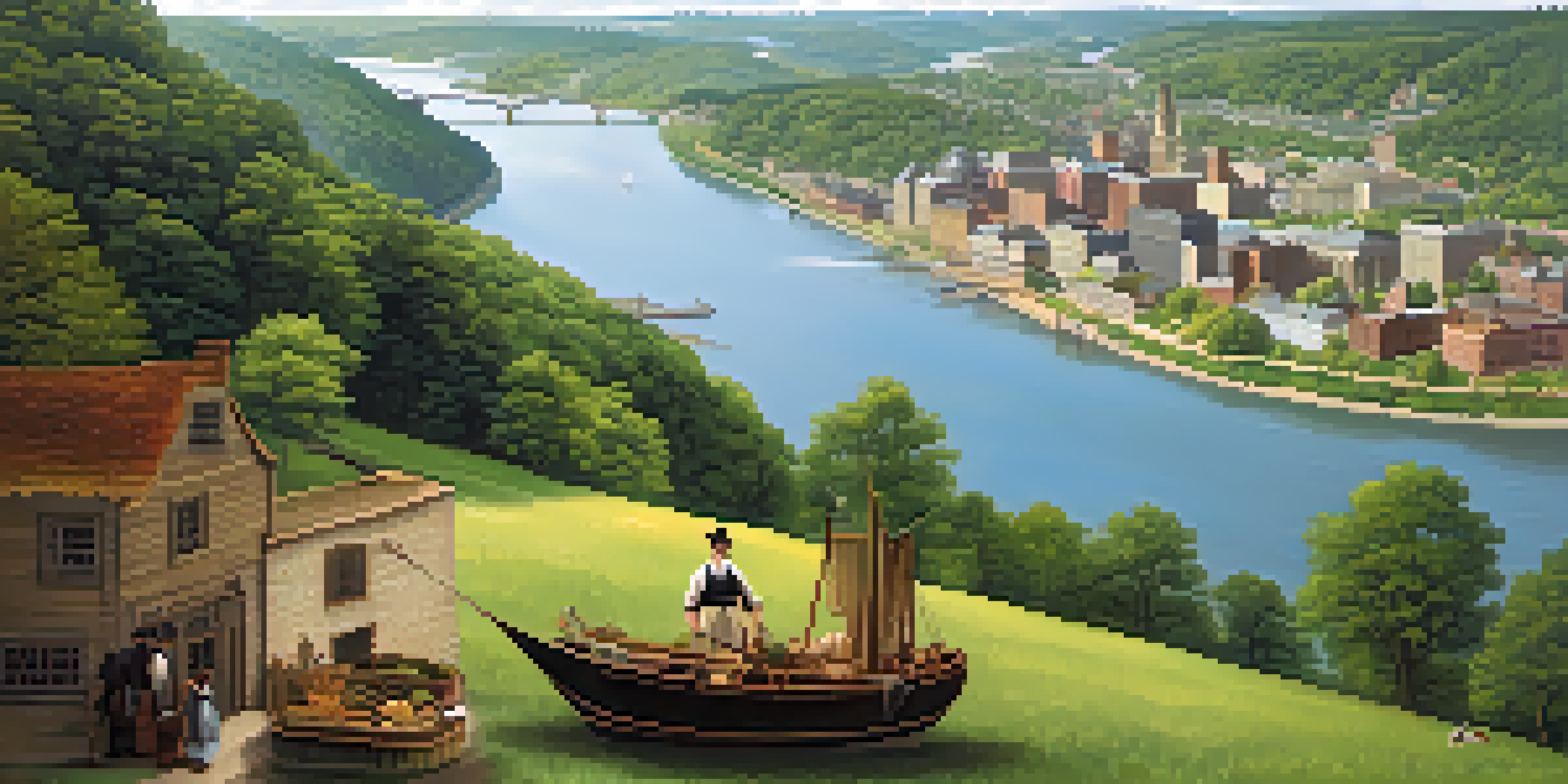 A wide view of early 19th century Pittsburgh with rivers, greenery, and a small town featuring traders and farmers.