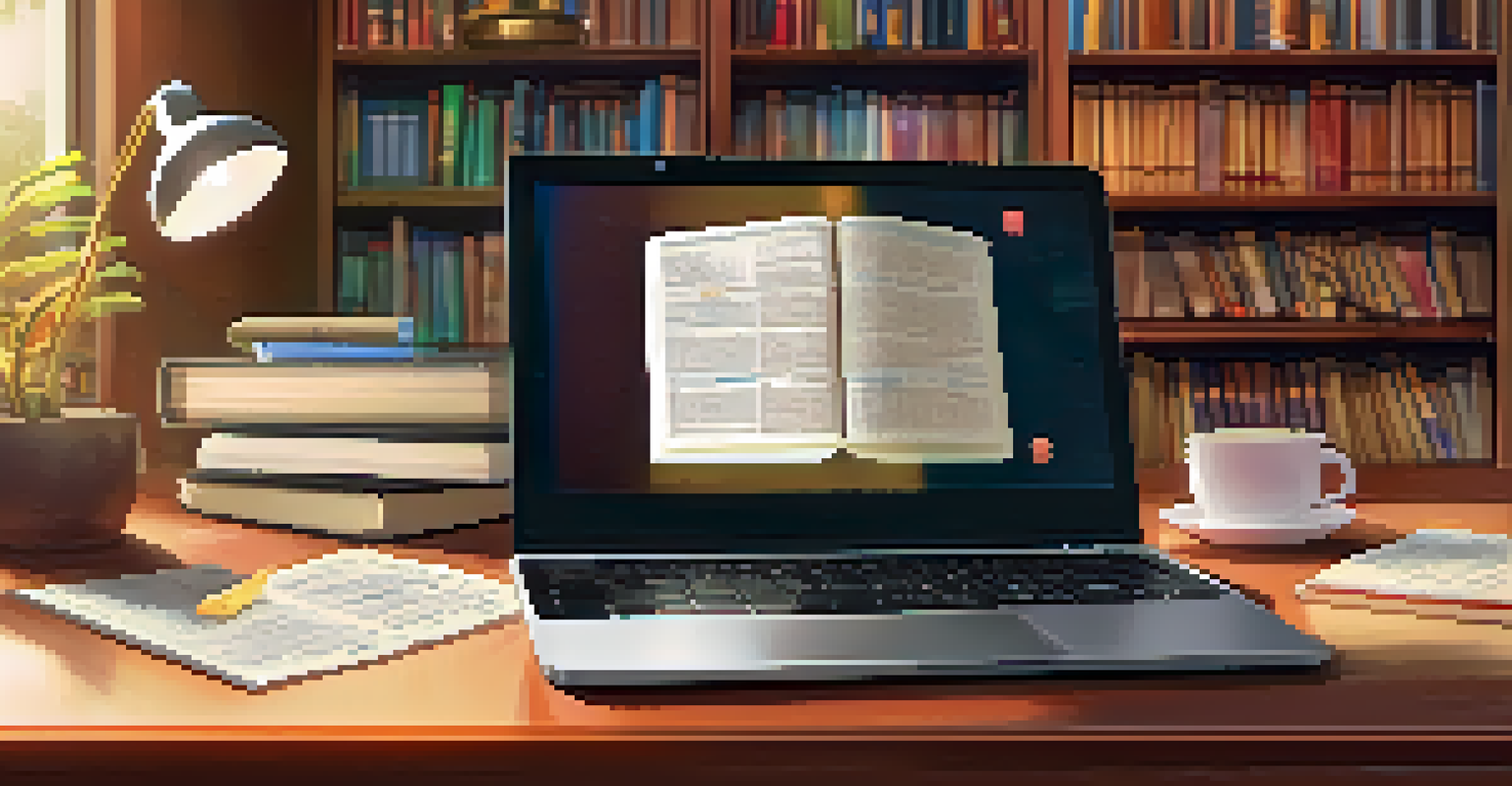 A laptop screen showing a language-learning app, with notes and a coffee cup in a cozy study environment filled with books.