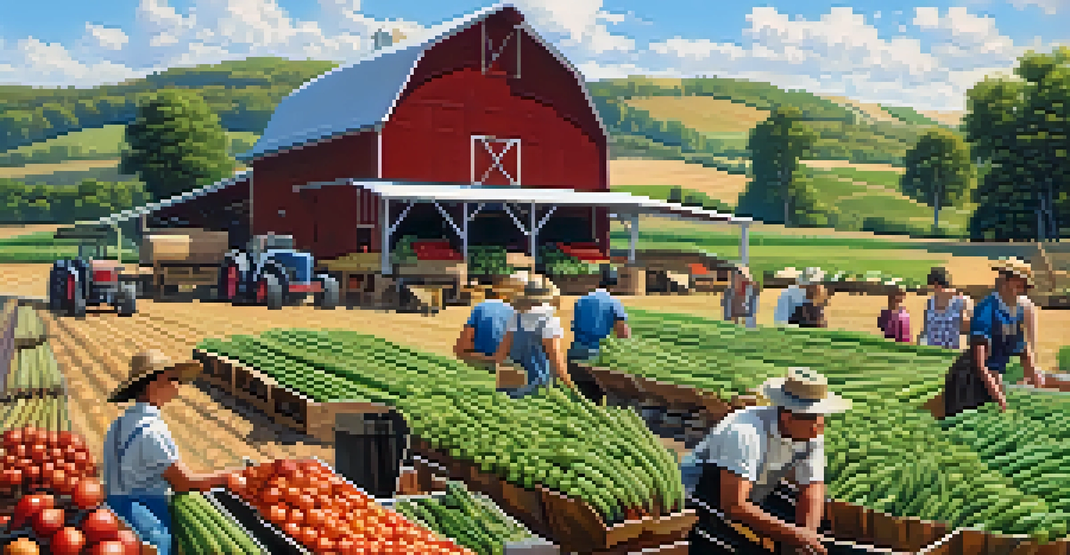 A local farm with fresh produce and farmers working in a sunny landscape.