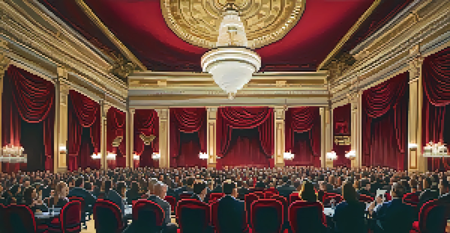 Interior of Heinz Hall with an audience seated in red velvet chairs, elegant moldings, and a large chandelier under soft lighting.