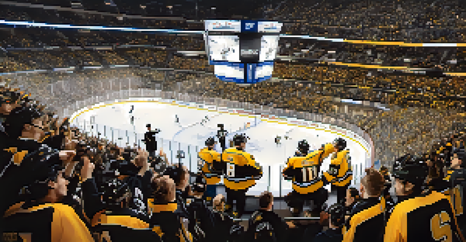 A lively scene inside PPG Paints Arena during a playoff hockey game, with fans cheering and the ice rink illuminated.