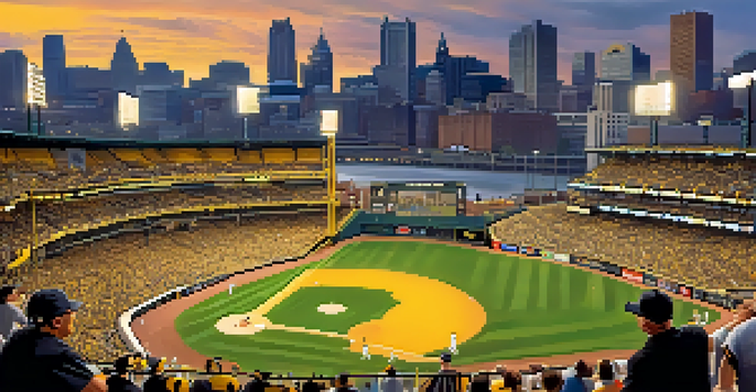 A lively baseball game day at PNC Park with enthusiastic fans in black and gold jerseys, the Pittsburgh skyline and Roberto Clemente Bridge in the background, showcasing the excitement of the event.